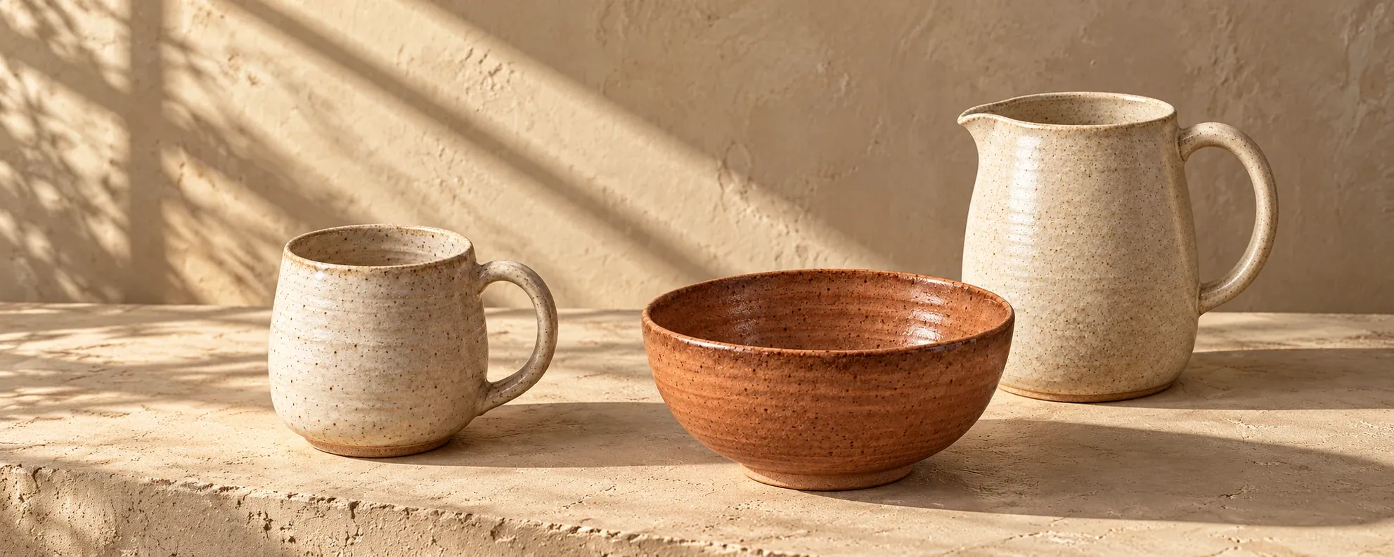 Ceramics in afternoon sun: an Oat Ritual Mug, a Clay Breakfast Bowl and an Oat Pour Jug