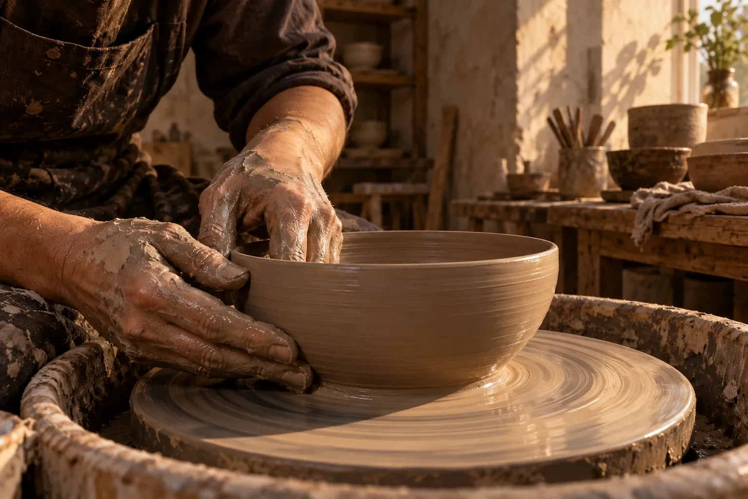 Workshop study of clay-covered hands shaping a bowl on a pottery wheel