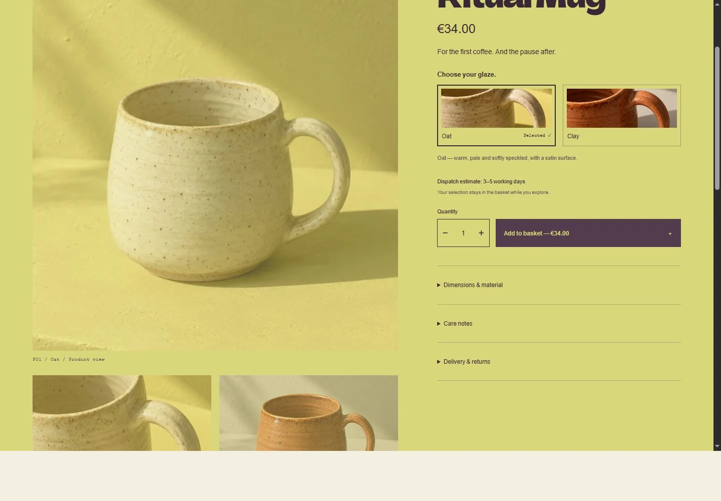 The redesigned FORMA cart showing separate Oat and Clay items, quantities and a transparent delivery estimate