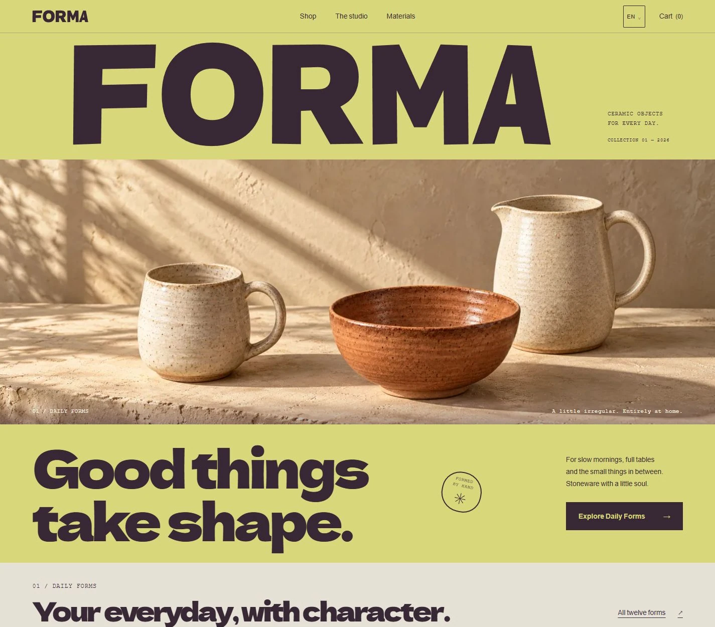 The redesigned FORMA home page: a large hand-cut wordmark, quince and aubergine palette, and tactile ceramics