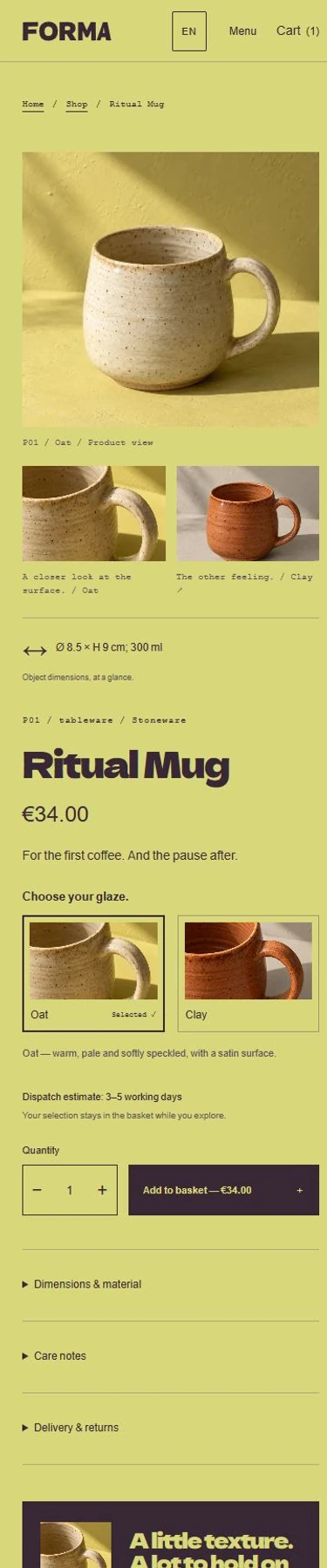 Ritual Mug on mobile with large photographs, labelled glaze tiles and quantity controls